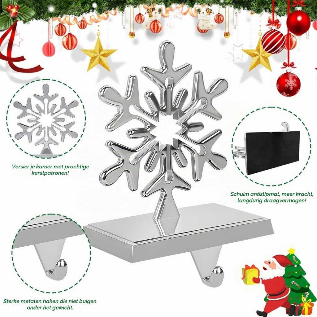 Set di 2 supporti per calze di Natale, decorati con fiocchi di neve in 3D, in metallo, color argento, dimensioni 17x12 cm