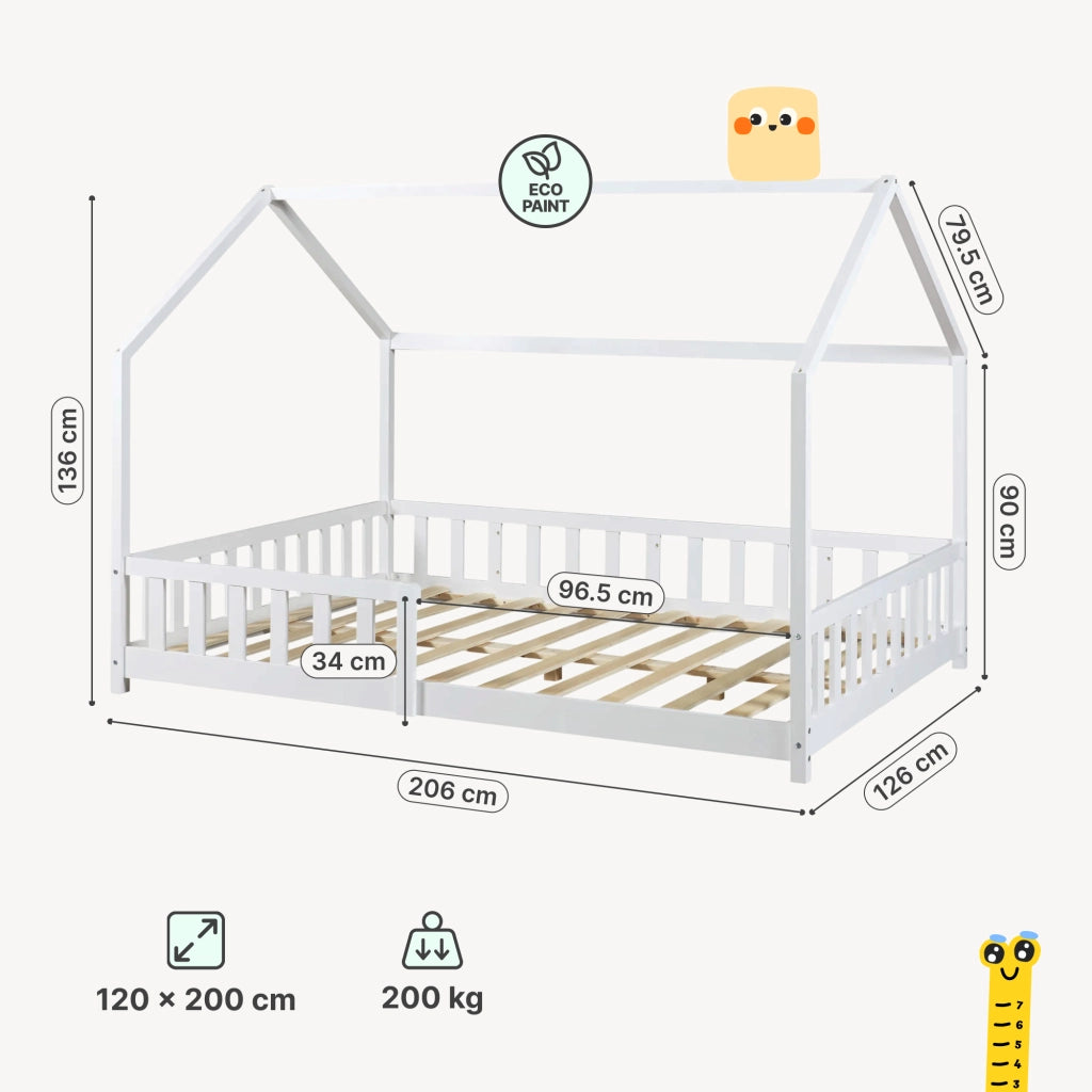 Letto Piazza e Mezza Hesel per Cameretta a Forma di Casetta 120 x 200 cm Bianco [en.casa]