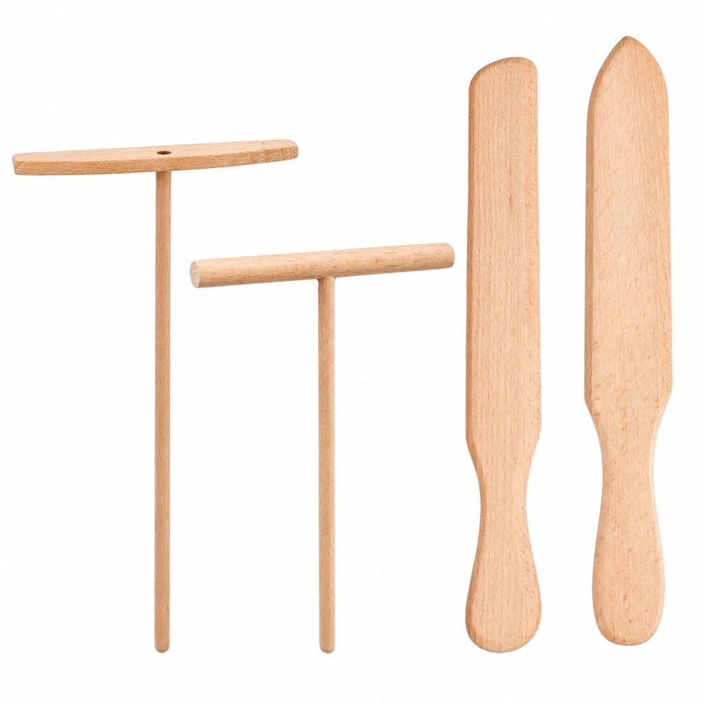Set da 4 pezzi: spatola in legno per padelle, spatola per impasti, spatola a forma di "T", raschietto