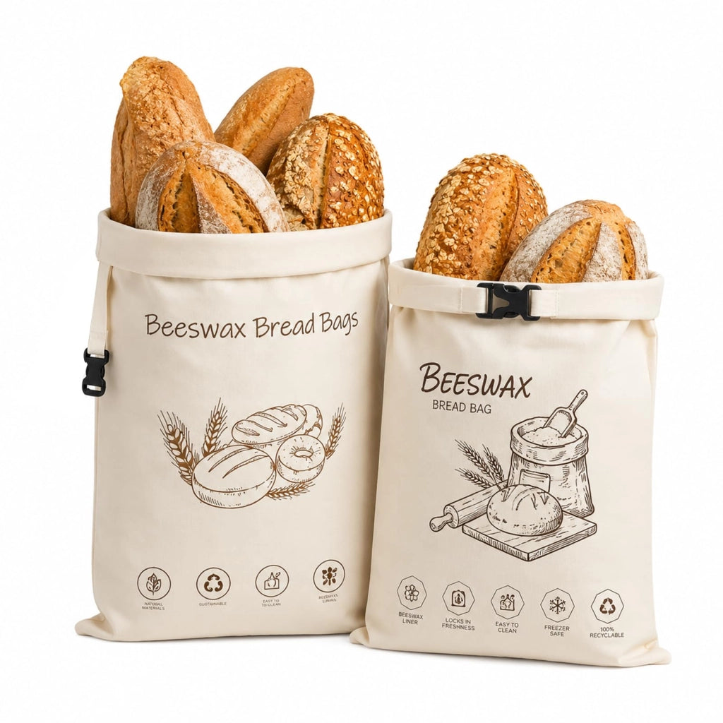 Set di 2 sacchetti per il pane in cera d'api, in lino, dimensioni 43x33 cm