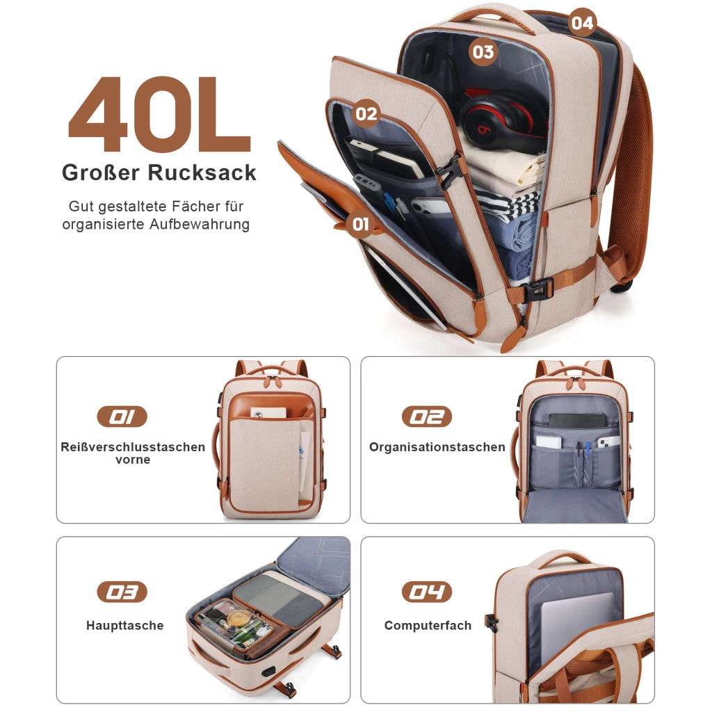 Zaino da viaggio espandibile 40 L con porta USB e 4 organizer