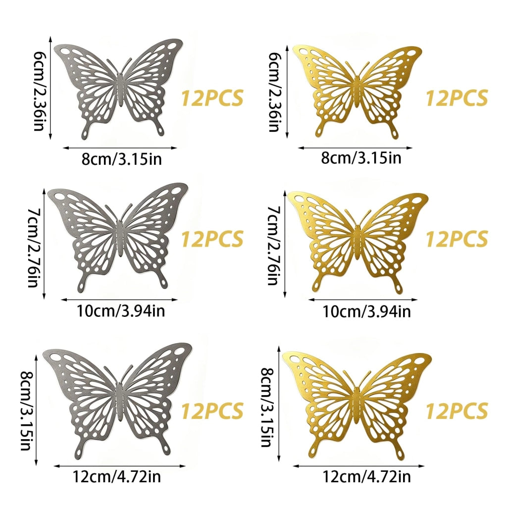 Adesivi a forma di farfalla in 3D, set da 6, carta perlescente, colori oro/argento, decorazioni per pareti fai-da-te