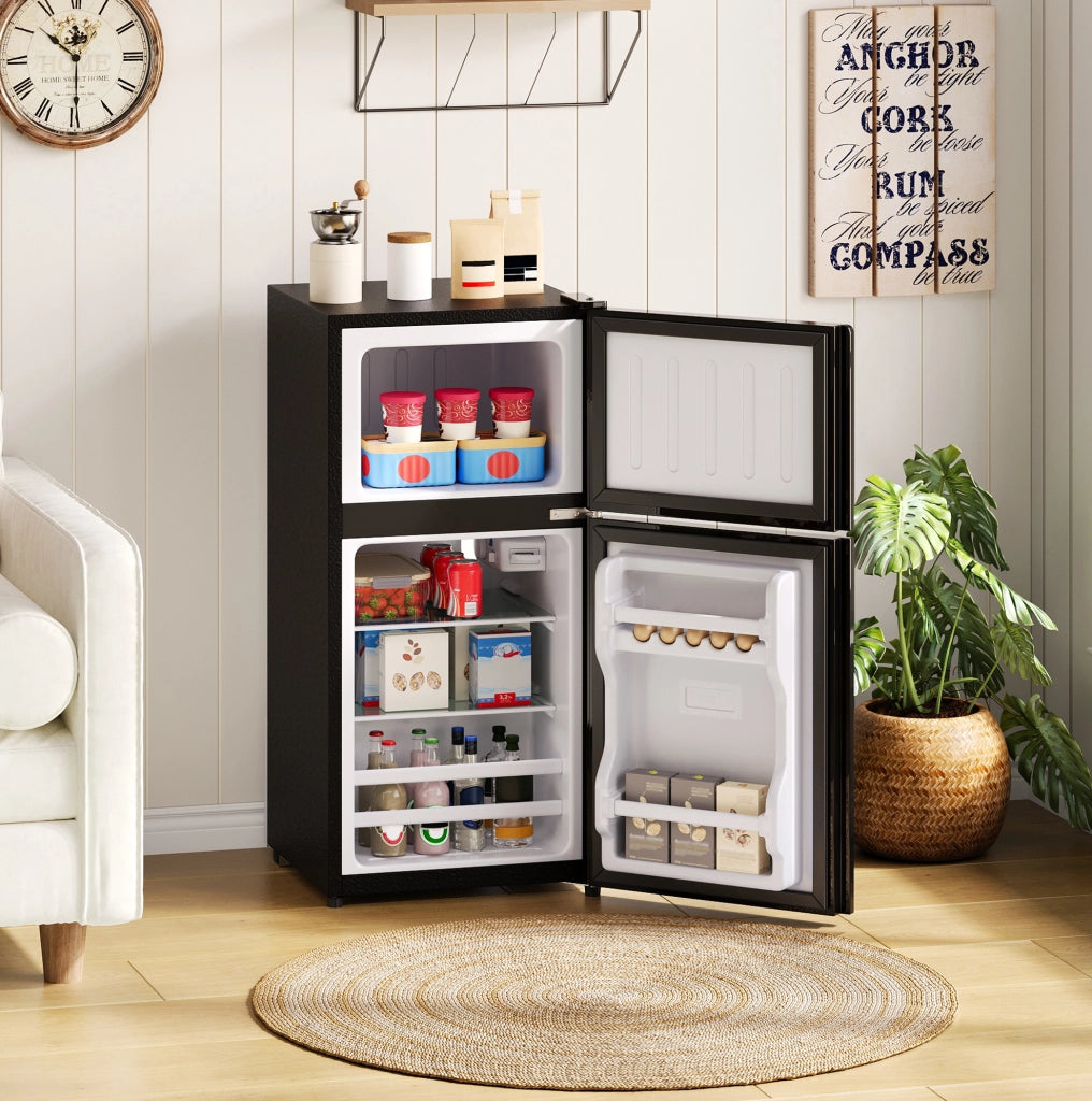 Frigorifero compatto 60 L con congelatore 22 L, porta in vetro e luce LED, nero