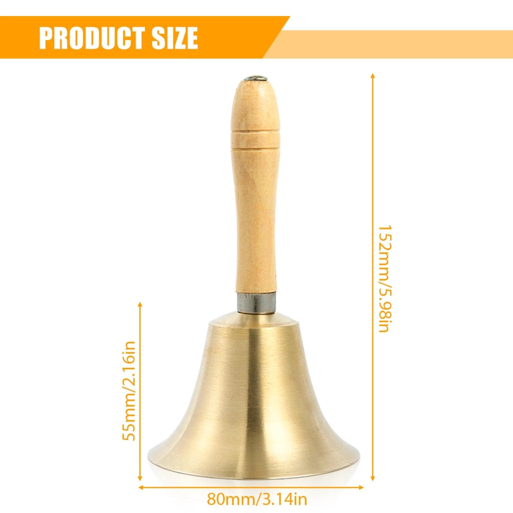Campanella da tavolo in metallo con manico in legno, diametro 8 cm, ottone, suono chiaro, 1 pezzo