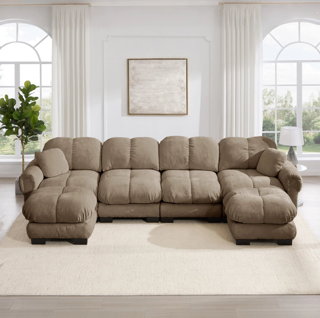 Divano modulare in ciniglia marrone con pouf, 330 cm