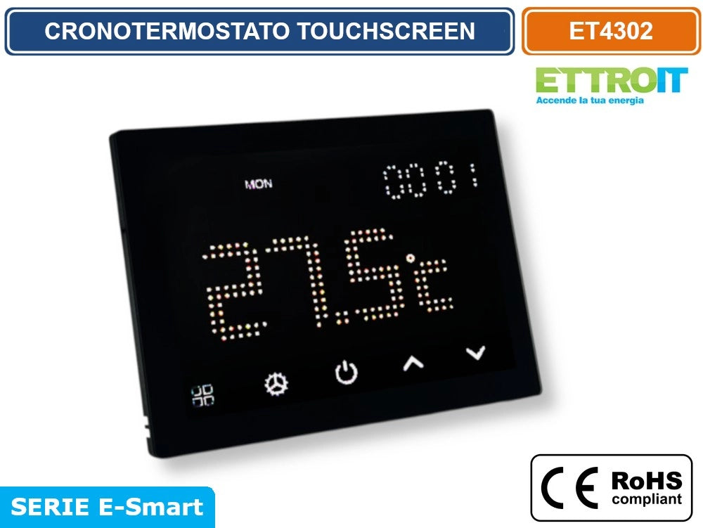 ETTROIT ET4302 CRONOTERMOSTATO TOUCH SCREEN AC 230V PROGRAMMABILE DA INCASSO SU SCATOLA 503 NERO