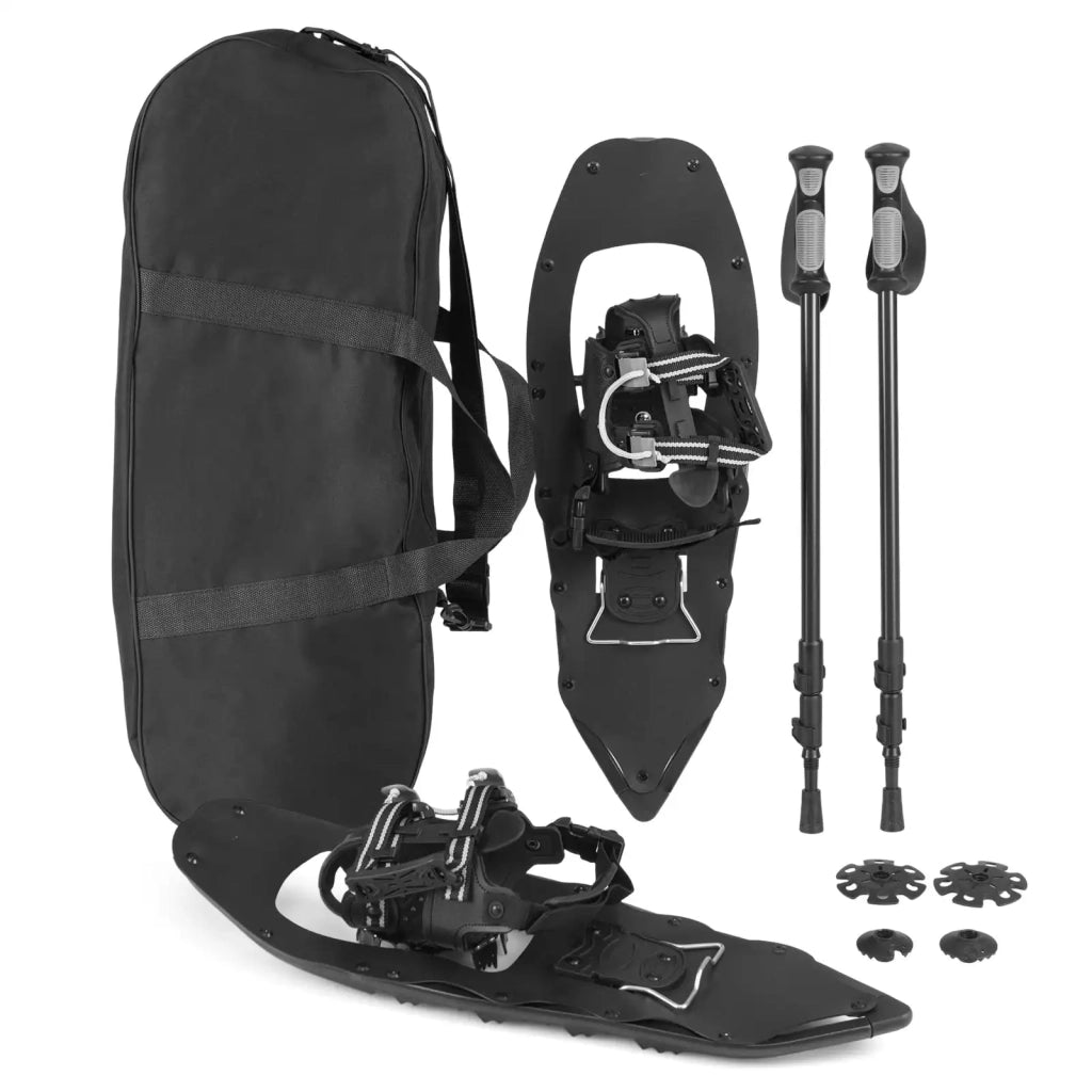 Set Ciaspole da Neve 63 cm con Bastoncini da Trekking e Borsa, Racchette in Alluminio Regolabili, Leggere e Robuste, Nero