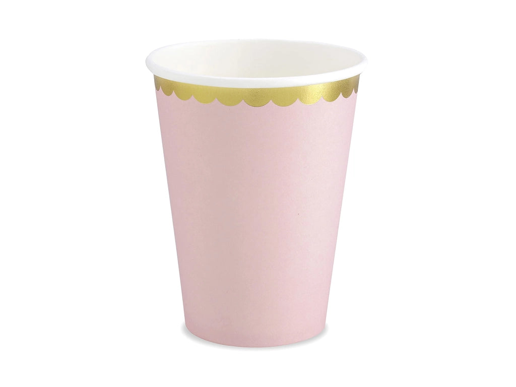 6 bicchieri di plastica rosa con bordo dorato, capacità 220 ml, monouso
