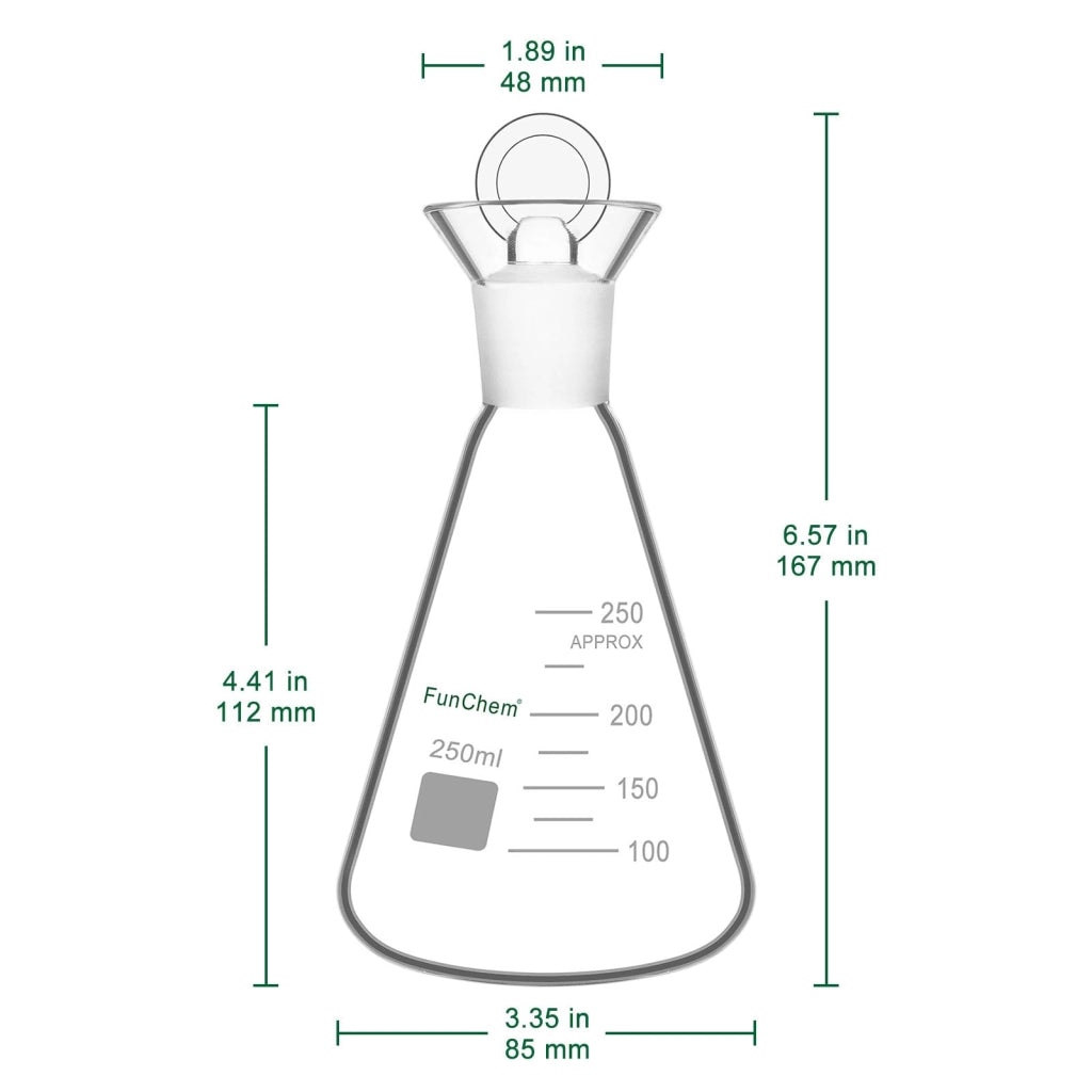 Flacone da 250 ml in vetro borosilicato con tappo, adatto per titolazioni
