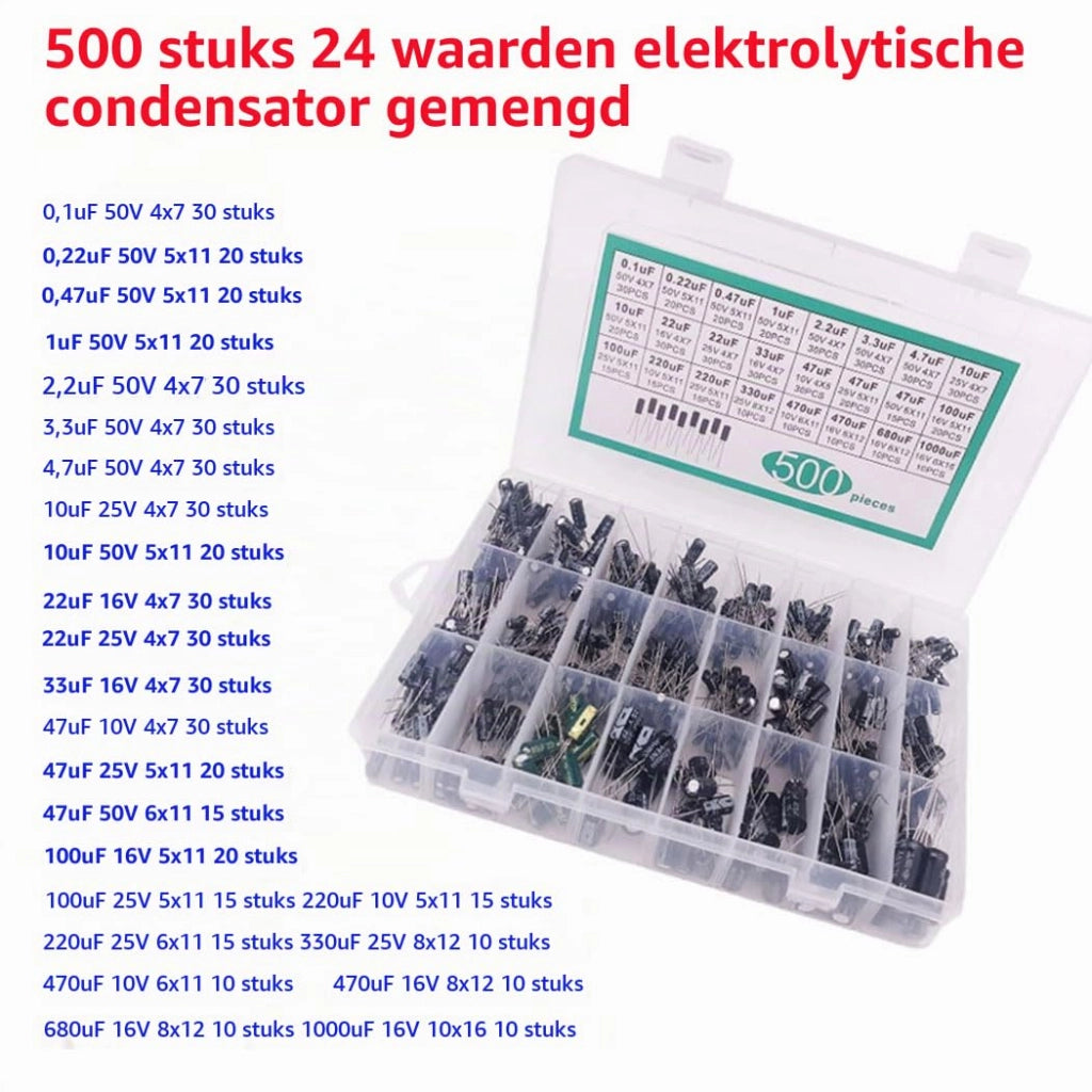 Set di condensatori elettrolitici, 500 pezzi, 24 valori, da 0,1 a 1000 µF, formato DIP