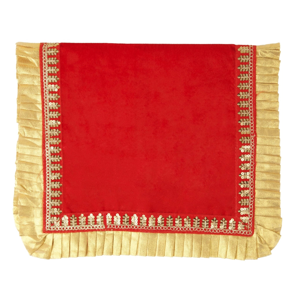 Tappetino per puja in velluto, dimensioni 26 x 16 pollici, colore rosso, con ricami dorati in paillettes