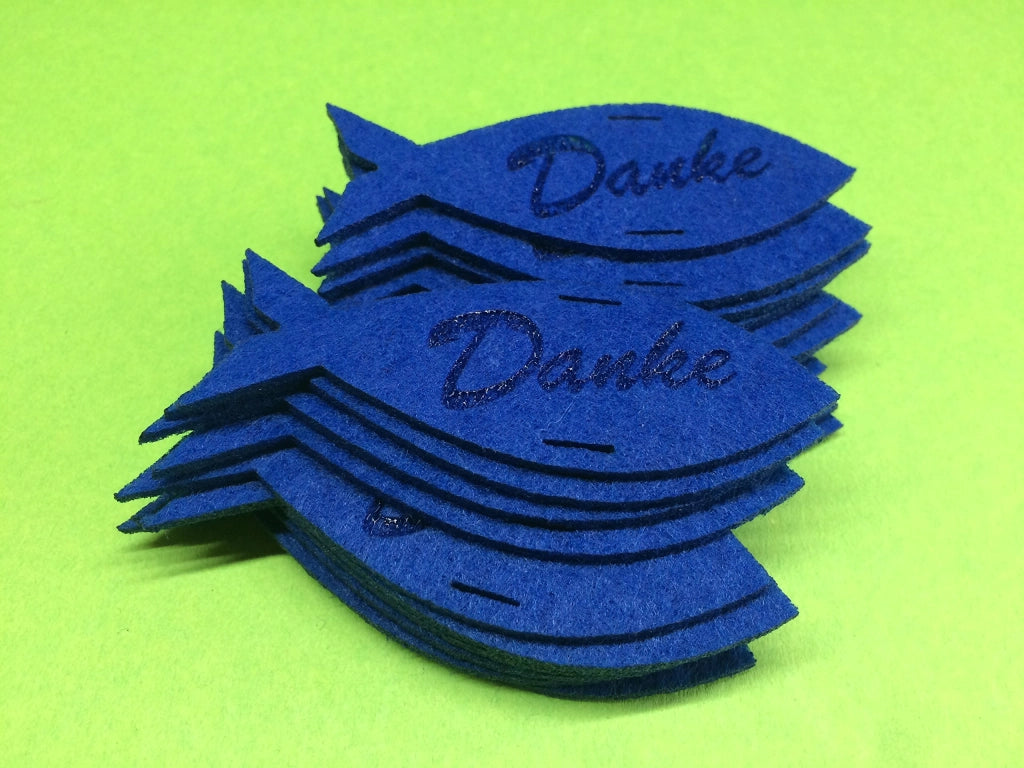 15 pesci in feltro, diametro 80 mm, con incisione "Grazie", colore blu scuro