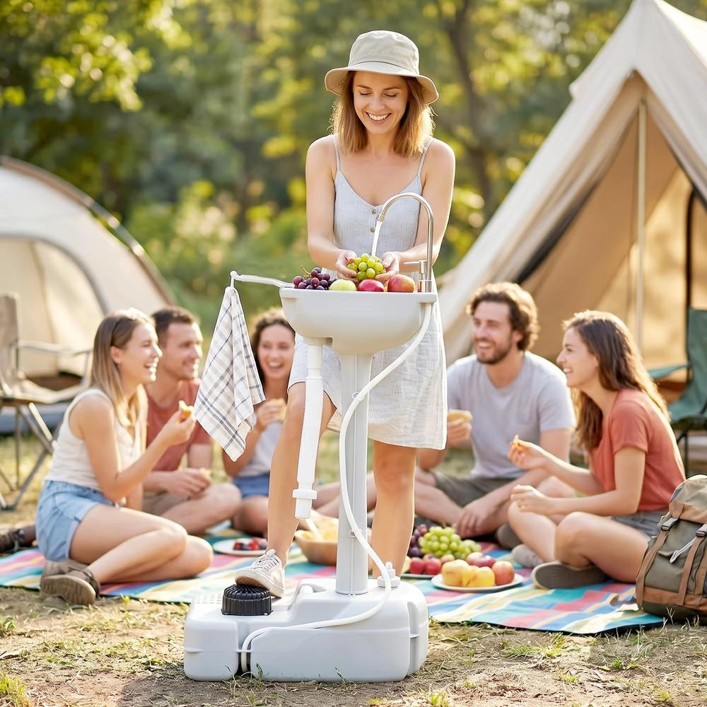 Lavandino portatile da campeggio 17L con ruote lavabo mobile da esterno con dispenser sapone e portasciugamani grigio