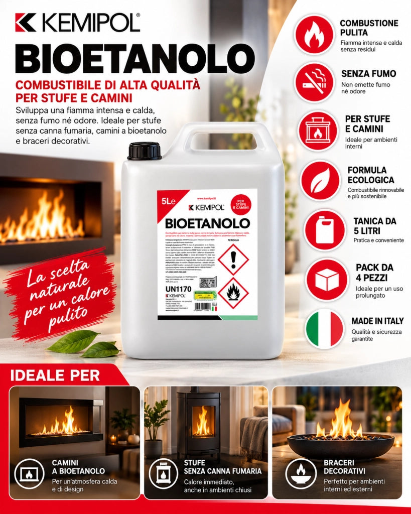 Bioetanolo Ecologico Kemipol Inodore Stufe Camini 5 Litri 4 Pezzi