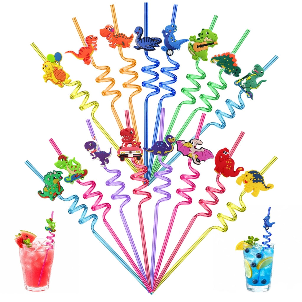 16 cannucce a forma di dinosauro, cannucce a spirale, 26,5 cm, colorate