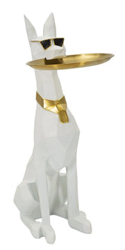 Statua Cane Pitbull Origami con Vassoio Portaoggetti - Design Glam Bianco e Oro Cm 27x51x74 - Decorazione Funzionale in Polyresin