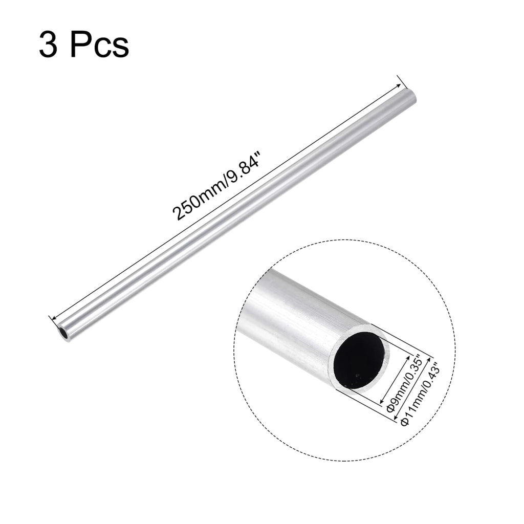Tubo di alluminio rotondo, 11x9 mm, 250 mm, confezione da 3 pezzi