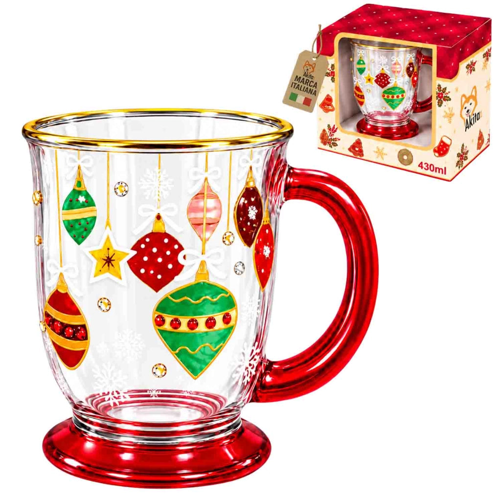 Akitaink Tazza Natalizia Mug Vetro Decorato Palline di Natale