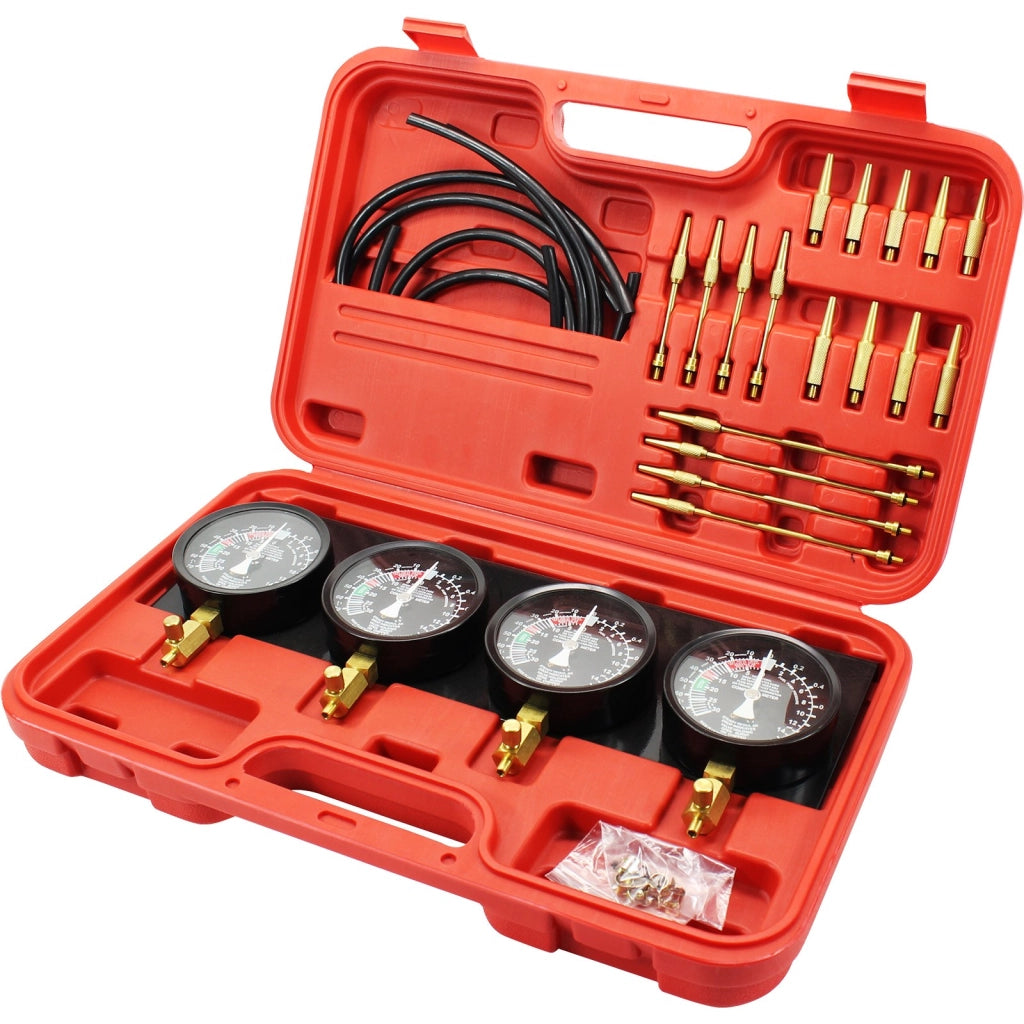 Kit 4 Pezzi Misuratori di Vuoto per Sincronizzazione Carburatore, Vacuometri con Adattatori e Custodia per Officina e Fai da Te