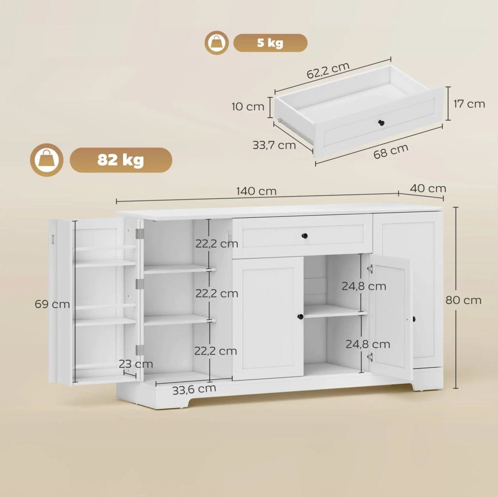 Buffet da cucina bianco 140 cm con cassetto e ripiani regolabili