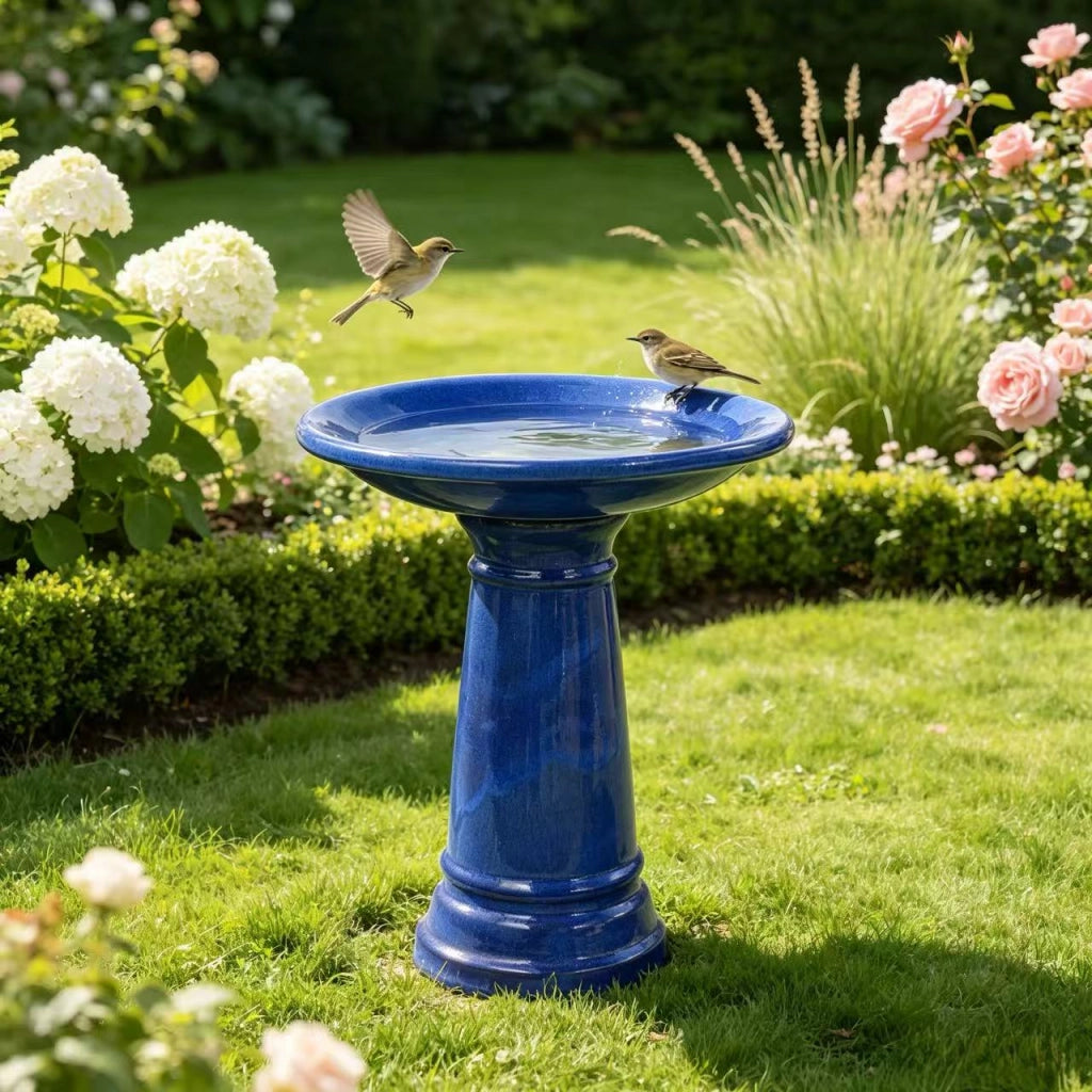 Bagnetto per uccelli in ceramica smaltata blu zaffiro Ø 31.5 cm × altezza 38 cm