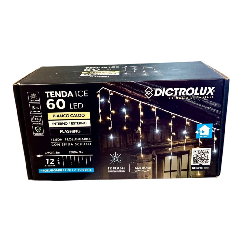 Tenda Luminosa 60 LED Bianco Caldo con 12 Flash Freddi 3m Esterno Prolungabile IP44 – Cavo Bianco