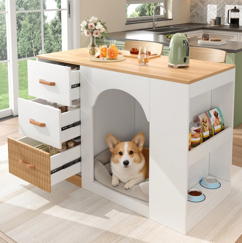 Isola cucina con 3 cassetti e spazio relax per animali, bianco con finitura legno, 120 x 60 x 90 cm