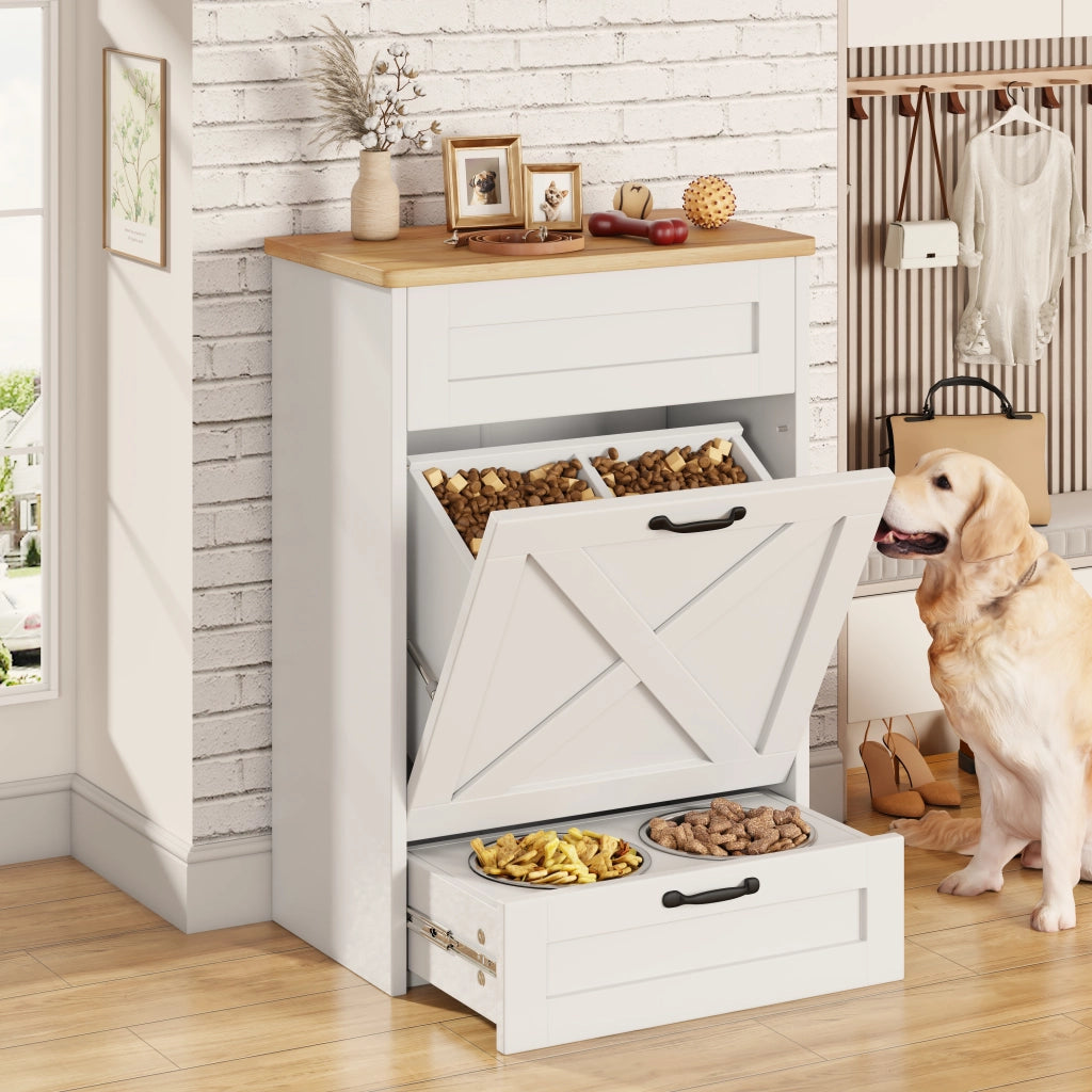 Stazione alimentare rialzata per cani 60 per 32 per 82 cm con due scomparti e cassetto estraibile, legno composito, bianco naturale