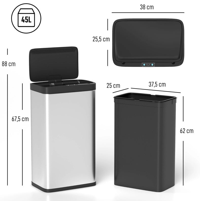 Pattumiera automatica da 45 L in acciaio inox con sensore e chiusura silenziosa