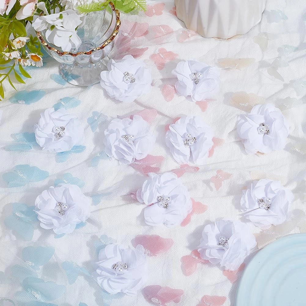 30 applicazioni floreali in chiffon bianco, decorate con perline e strass