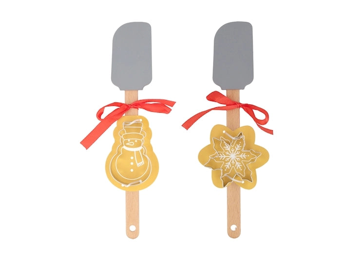 Set 2 Spatole Natalizie H&H in Silicone e Legno con Stampi in Acciaio Inox, Pupazzo di Neve e Fiocco di Neve, Utensili da Cucina
