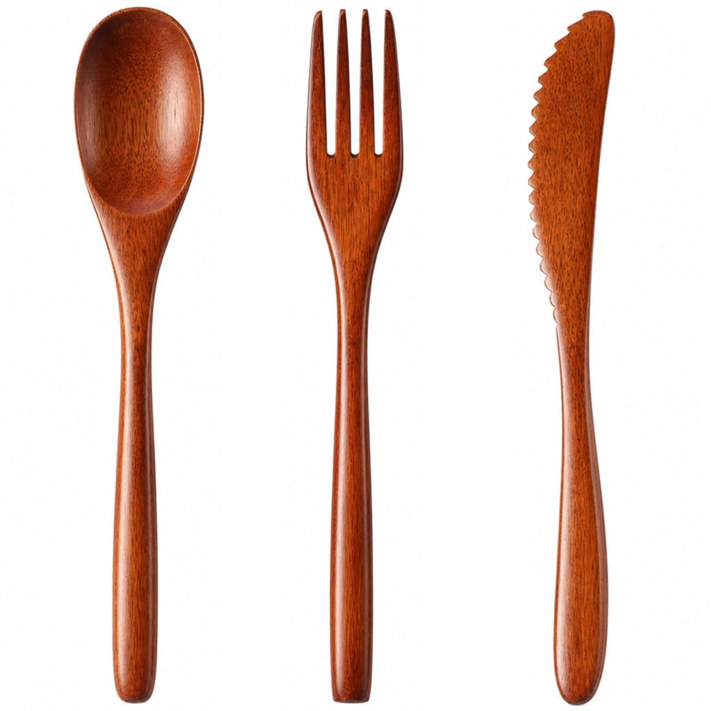Set di posate in legno, composto da 3 pezzi (cucchiaio e forchette), lunghezza 22,5 cm, legno naturale