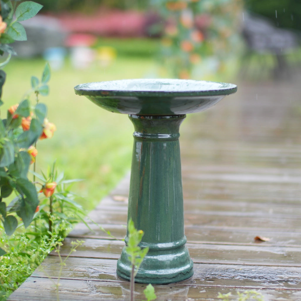 Bagnetto per uccelli in ceramica smaltata con piedistallo, verde scuro, Ø 31.5 × 38 cm