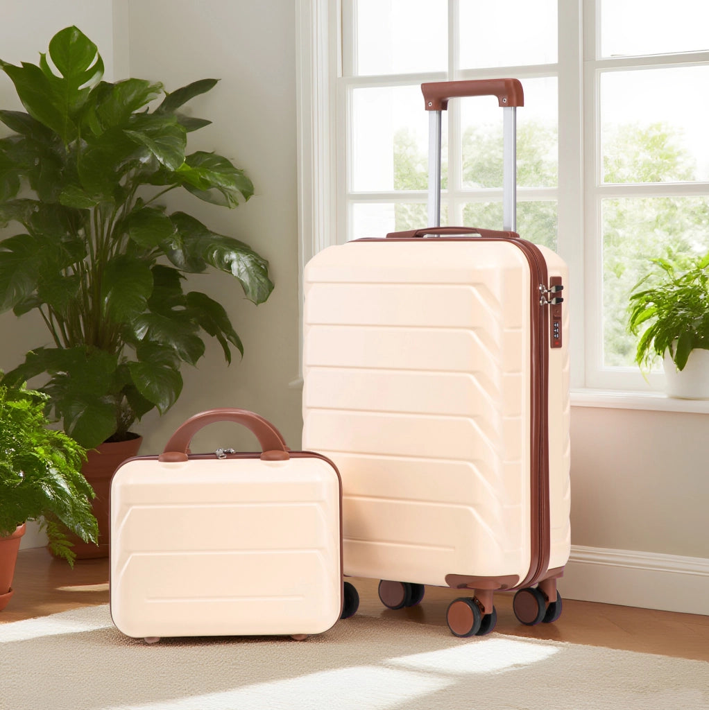 Set valigia trolley ULEVR 19" con beauty case 14" in ABS beige, 4 ruote girevoli e manico telescopico
