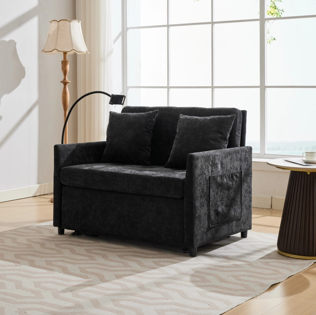 Divano in tessuto nero con porta USB e supporto per tablet, 109 cm