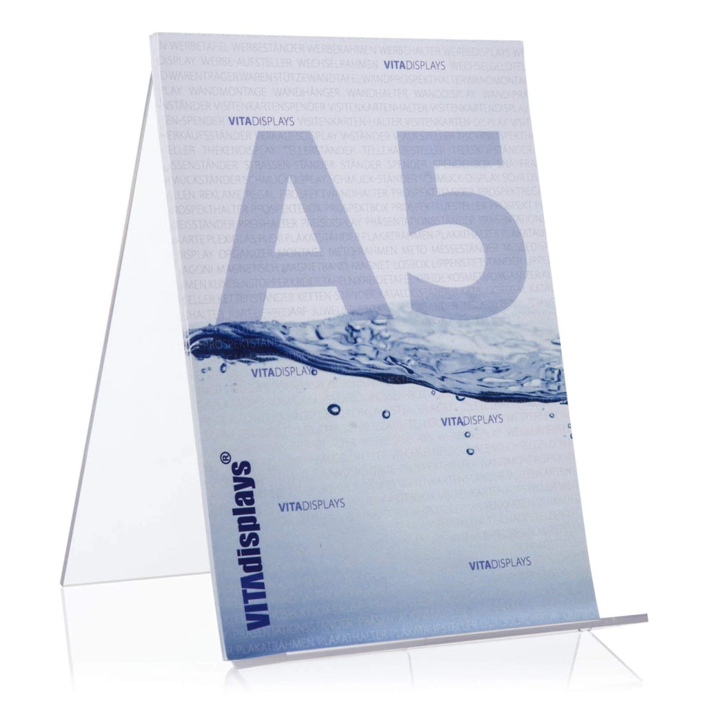 Espositore per libri, formato DIN A5, in acrilico, con supporto inclinato, dimensioni 14x19,3 cm
