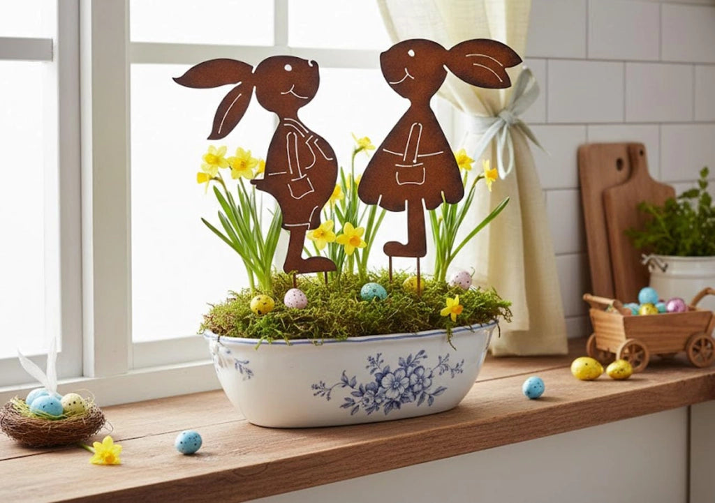Set da 2 decorazioni per giardino a forma di coppia di conigli, alte 34 cm, in metallo con effetto ruggine, color marrone anticato