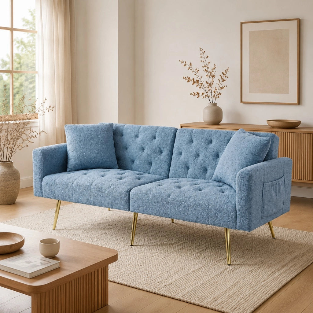 Divano 2 posti blu in tessuto teddy con schienale regolabile