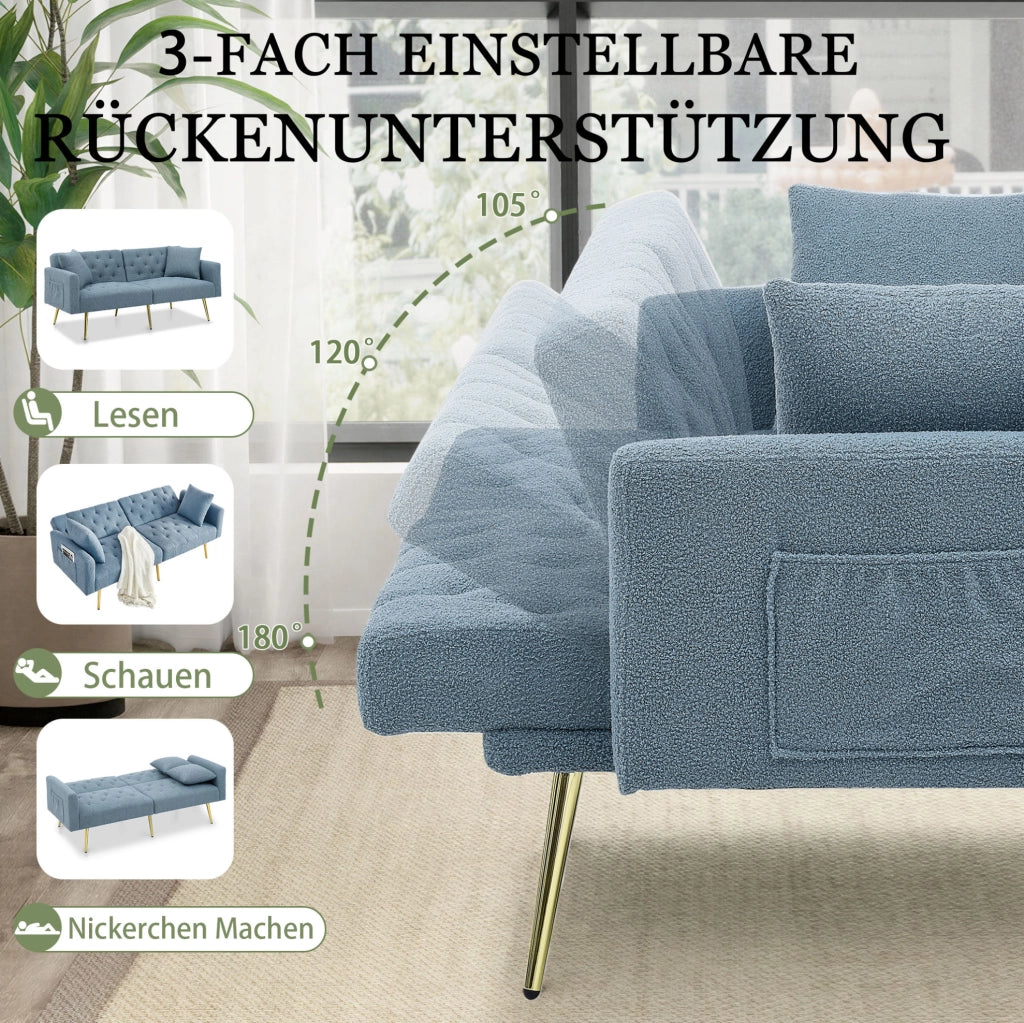 Divano 2 posti blu in tessuto teddy con schienale regolabile