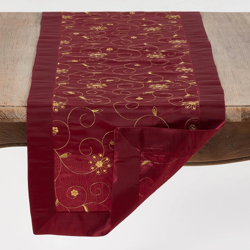 Tovaglia decorata con ricami e paillettes, colore bordeaux, dimensioni 16" x 90"