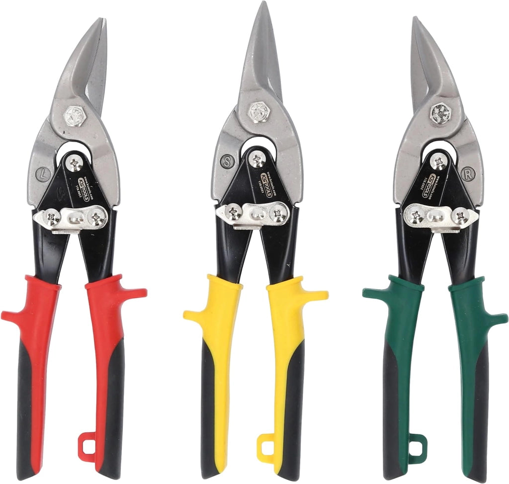Set di cesoie per lamiera, 3 pezzi, per lamiera fino a 1,2 mm e acciaio inossidabile fino a 0,7 mm
