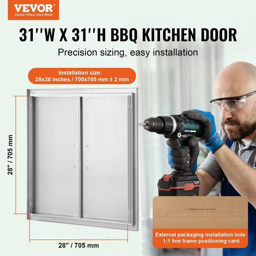 Doppia porta da incasso verticale in acciaio inox argento con maniglie per cucina esterna e isola BBQ, 790x790x46 mm, facile da montare