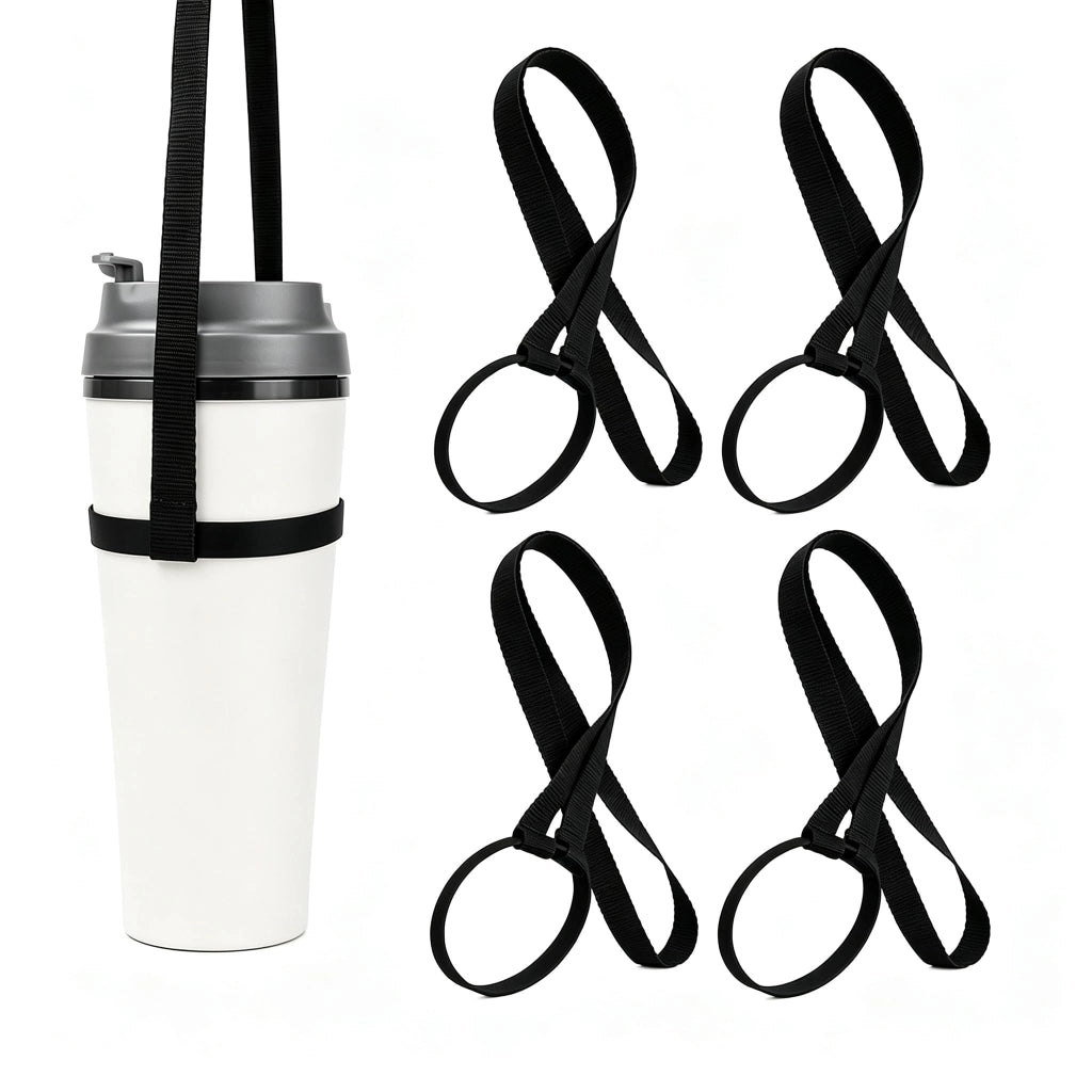 Set di 4 portabicchieri con cinturino, colore nero, per bicchieri fino a 10 cm di diametro