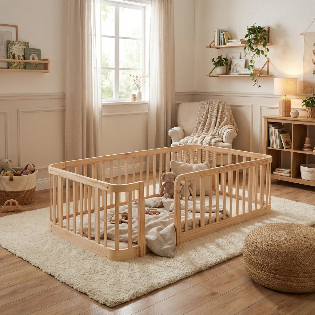 Letto 90×200 cm in legno naturale, distanza di sicurezza delle sbarre 7 cm, bordi arrotondati, design del fondo senza fessure anti-incastro, recinto di protezione multifunzionale per bambini e animali domestici per interni