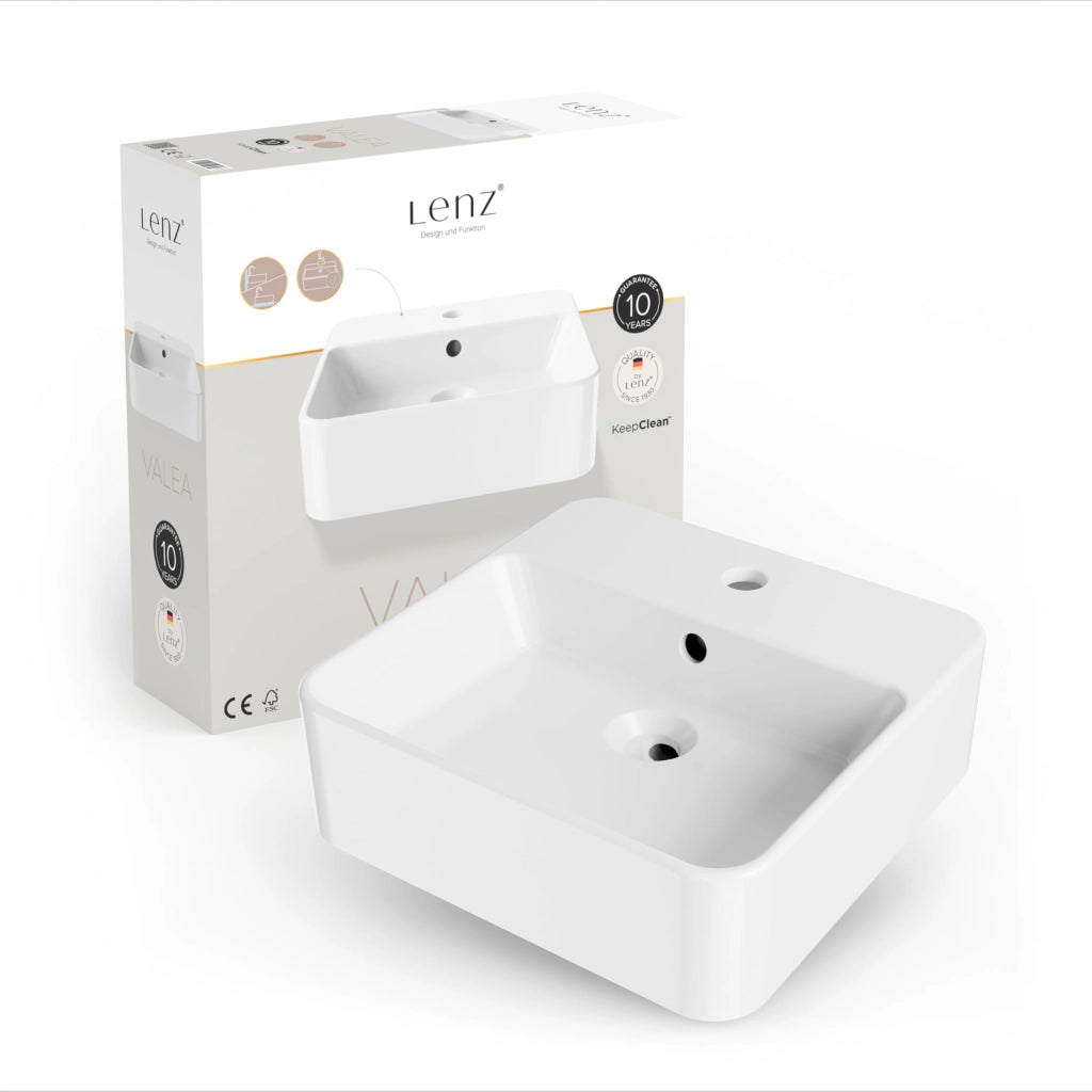 Lavabo a mano VALEA per toilette ospiti e bagni piccoli, 40 cm x 38,5 cm, a parete o da appoggio, superficie KeepClean extra liscia, con troppo pieno, bianco