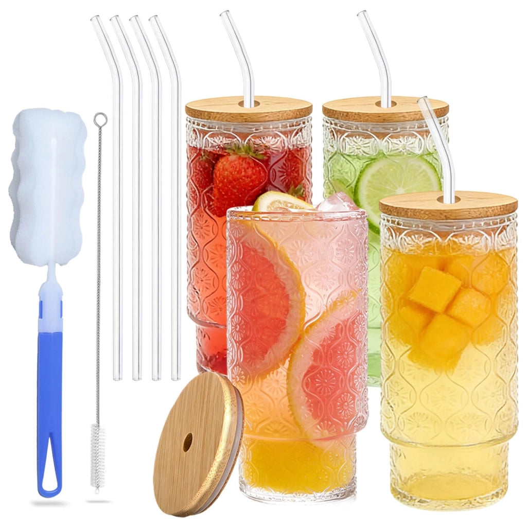 Set di 4 bicchieri, con motivo a righe, capacità 320 ml, con cannuccia