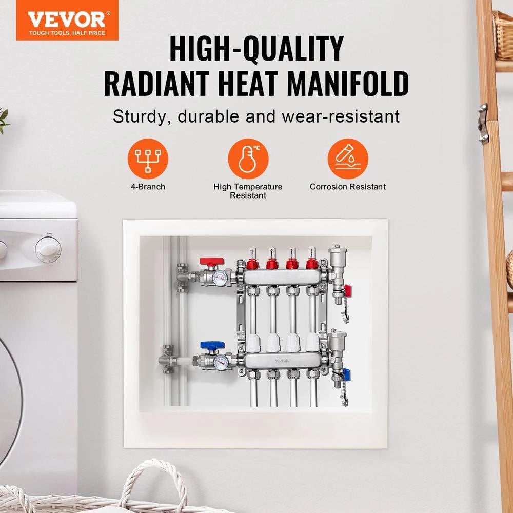 Collettore Riscaldamento a Pavimento a 4 Rami in Acciaio Inox SUS304 per Tubi PEX da 12,7 mm, Valvole da 1", Robusto e Durevole per Uso Domestico