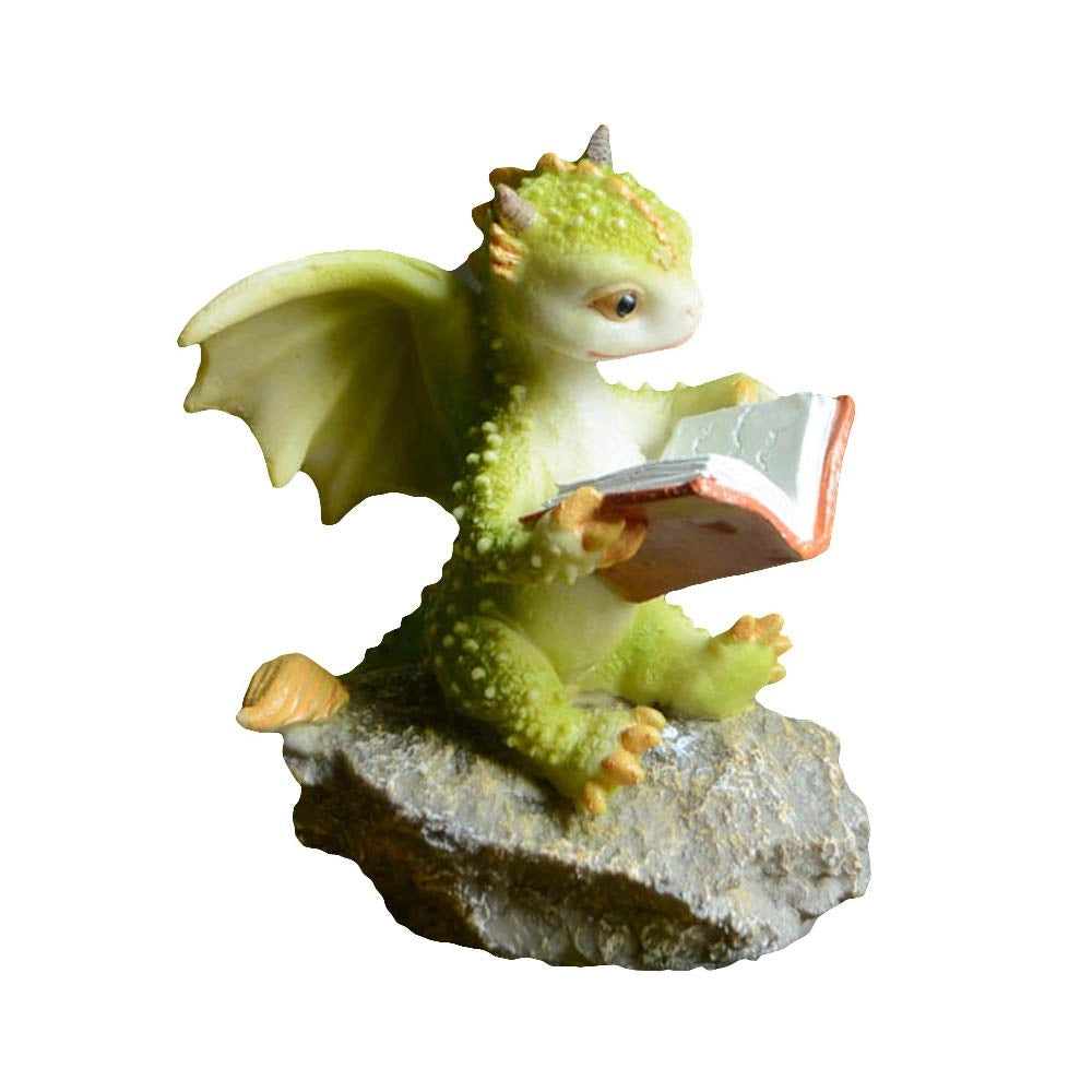 Statua di drago da giardino, drago che legge su una roccia, resina, 8,3x8x9 cm