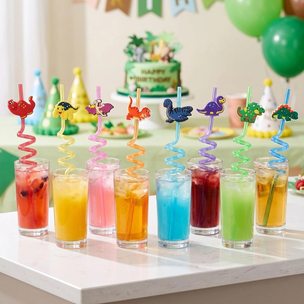 Set di 8 cannucce colorate a forma di dinosauro, lunghezza 27 cm, riutilizzabili