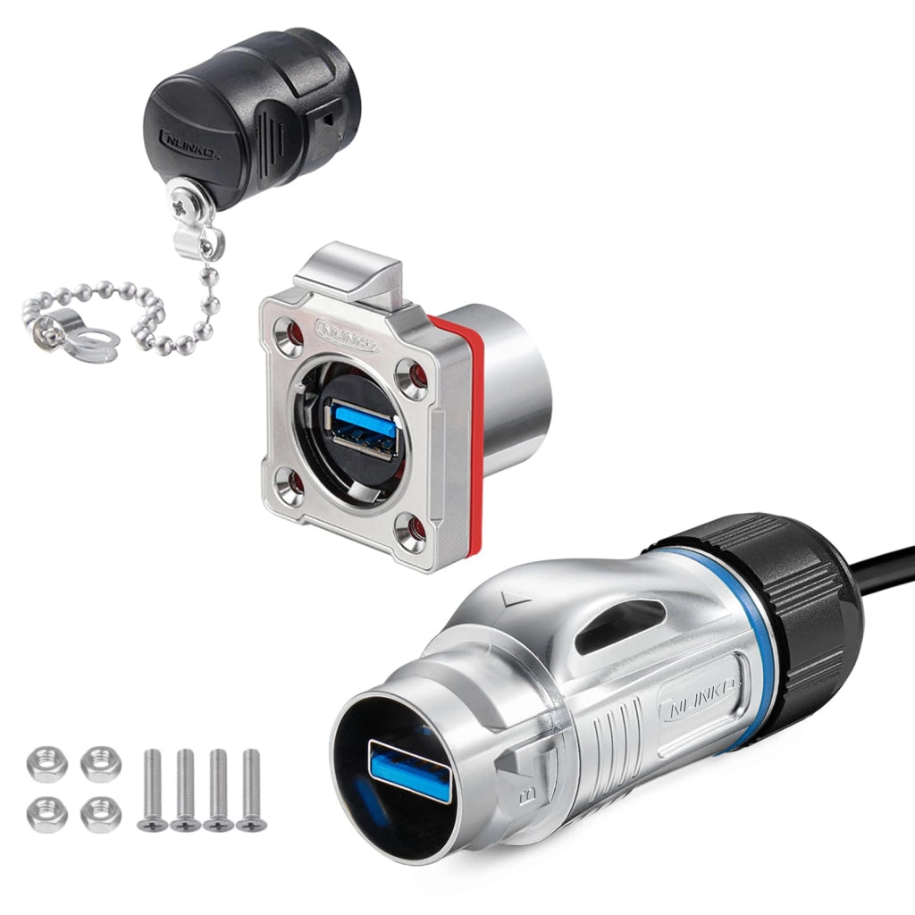 Set di connettori USB 3.0, grado di protezione IP68, filettatura M24, cavo da 50 cm, 9 pin
